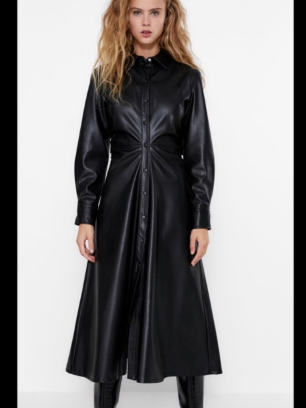 Zara Black Faux Leather Ruched Maxi Shirt Dress High Slit Sexy Glam Size XS